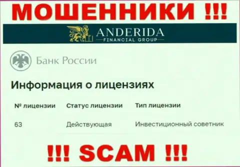 Андерида уверяют, что имеют лицензию от Центрального Банка России (данные с онлайн-сервиса разводил)