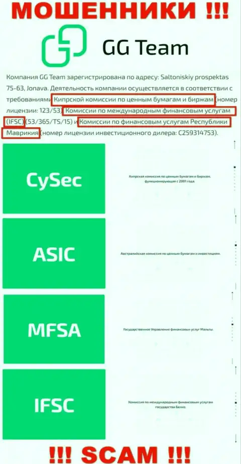 Регулятор - CySEC, как и его подконтрольная компания GG Team это МОШЕННИКИ