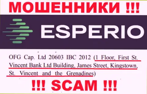 Мошенническая контора Esperio Org находится в офшоре по адресу 1 Floor, First St. Vincent Bank Ltd Building, James Street, Kingstown, St. Vincent and the Grenadines, будьте осторожны