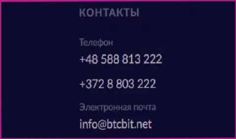 Телефон и адрес электронной почты онлайн-обменника БТЦБит Нет