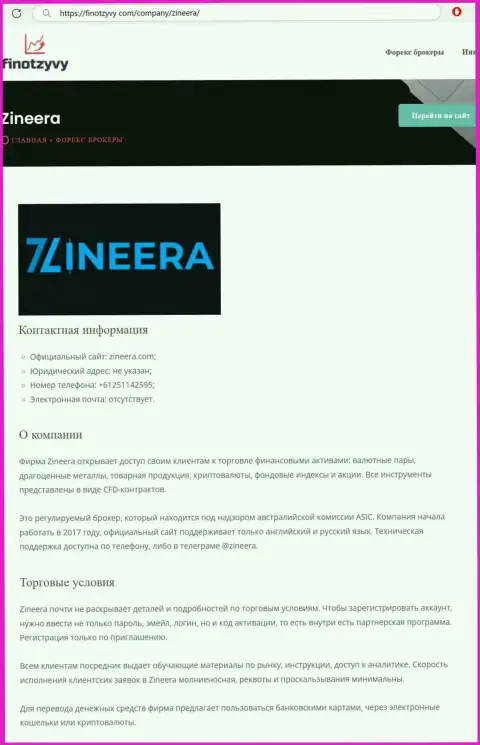 Обзор дилингового центра Zinnera Com и его условия для совершения торговых сделок, предоставлены в обзорной публикации на сайте FinOtzyvy Com