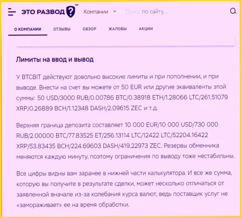 Условия процесса вывода и ввода денег в криптовалютной онлайн обменке БТЦ Бит в информационной статье на информационном портале etorazvod ru