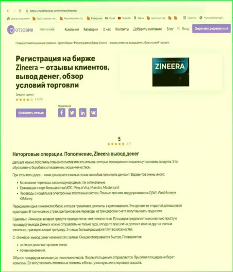 Об возврате депозитов в биржевой компании Zinnera в информационной публикации на сайте ИнвестОтзывы Ком