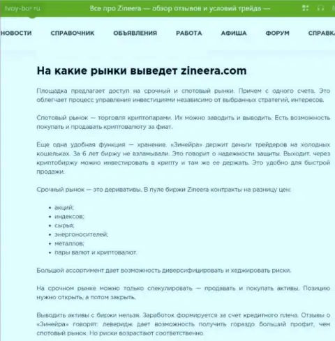 Инструменты для совершения сделок, предоставляемые биржевой организацией Zinnera Exchange в обзоре на веб-ресурсе Tvoy-Bor Ru