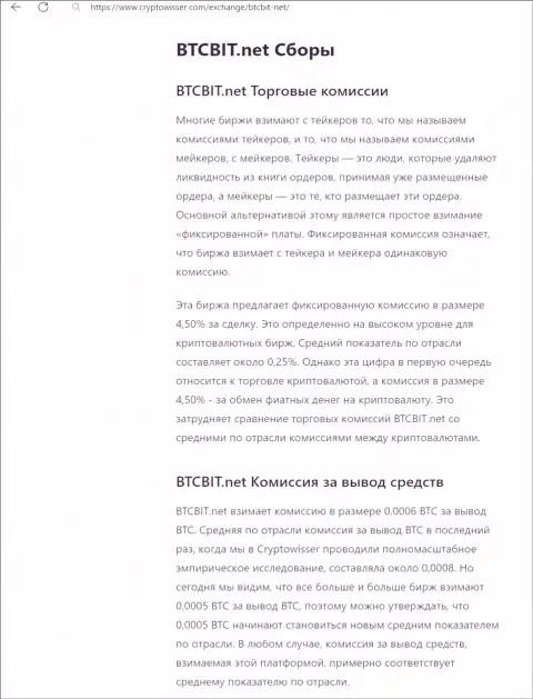 Публикация с рассмотрением комиссий компании BTCBit Net, размещенная на web-портале cryptowisser com